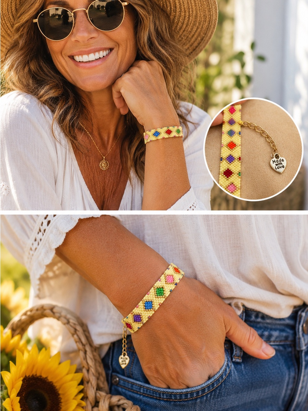 Hand Crafted Yellow Beaded Bracelet with Multicolor Diamonds - Women Jewelry